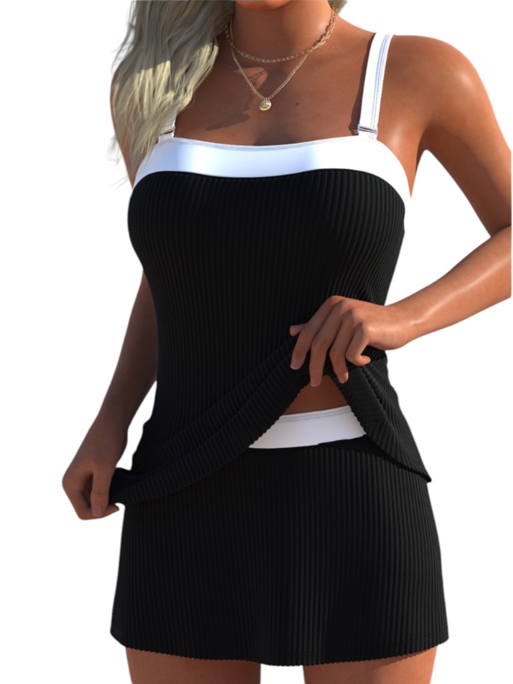 Black white matching two piece tankini skirt swim suit size medium